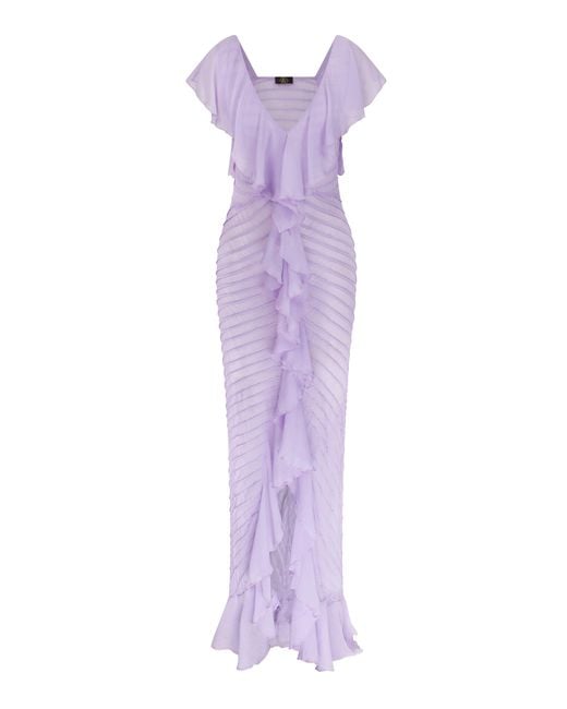 De La Vali Purple Macaroon Ruffled Chiffon Maxi Dress