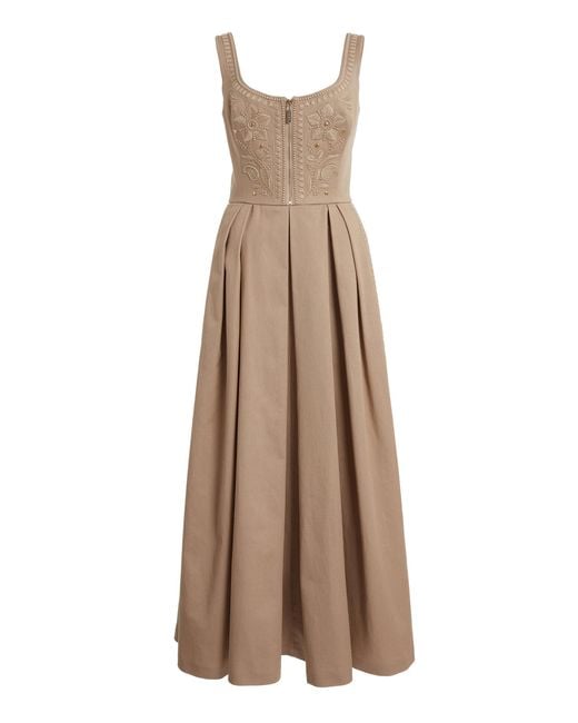 Elie Saab Embroidered Gabardine Midi Dress in Natural | Lyst