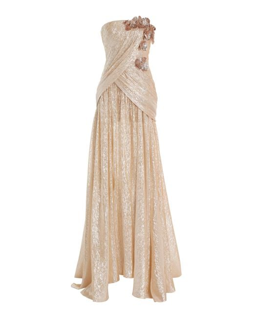 Oscar de la Renta Natural Strapless Satin Orchid Embroidered Lame Mousseline Gown