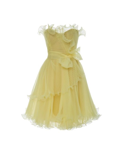 Marchesa Yellow Strapless Bustier Organza Mini Dress