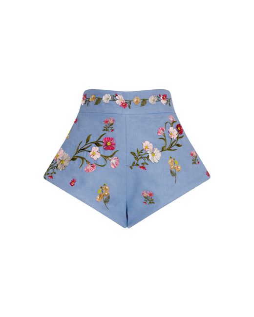 Agua Bendita Blue Gatti Floral-Embellished Linen Shorts