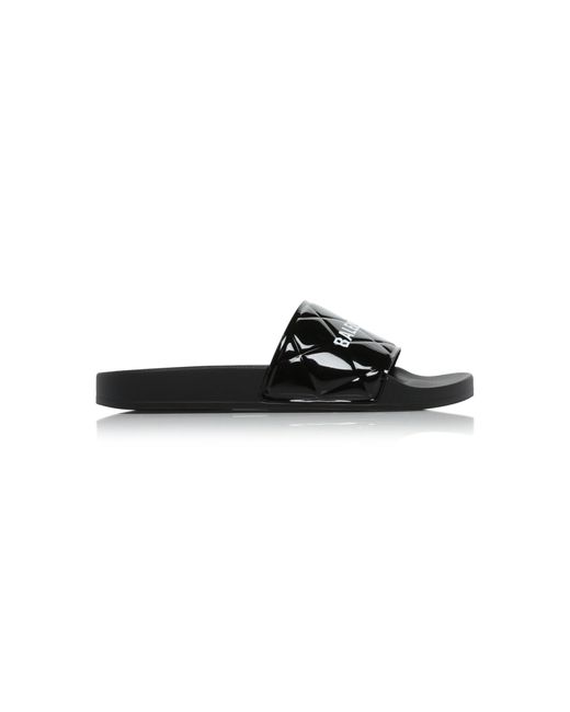 Balenciaga Logo Print Patent Leather Flat Pool Slides in Black | Lyst