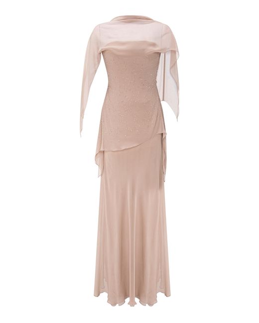 Marmar Halim Natural Embroidered Silk Chiffon Off-The-Shoulder Maxi Dress