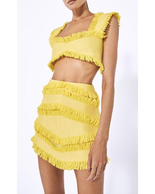 Alexis Yellow Raffia Fringe-trimmed Mini Skirt