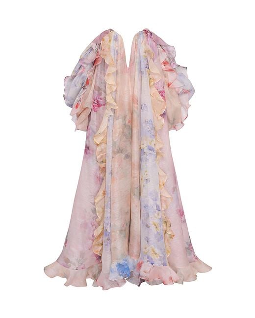 Zimmermann Pink Crush Ruffled Off-the-shoulder Linen-silk Gown