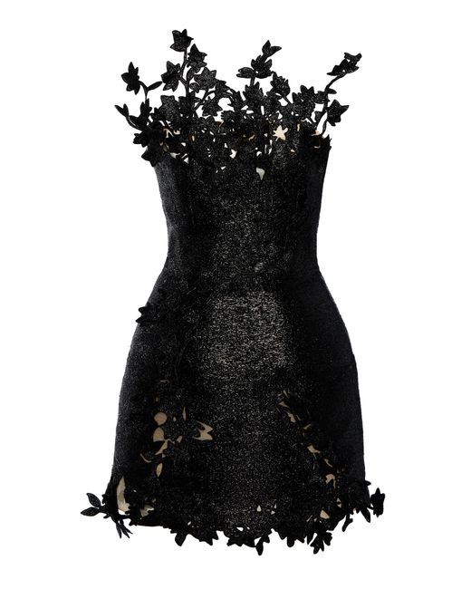 Oscar de la Renta Black Embroidered Threadwork Mini Dress
