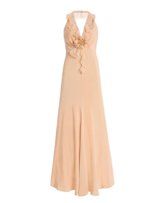 Rodarte Natural Ruffled Silk Crepe Halter Maxi Dress
