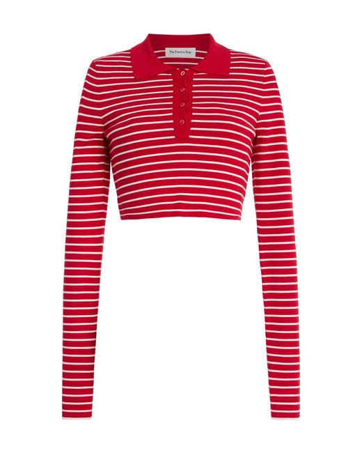 Frankie Shop Red Exclusive Riviera Gisele Cropped Striped Knit Polo Shirt