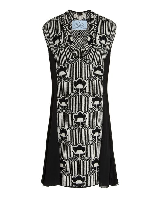Prada Black Floral Wool And Crepe Dress