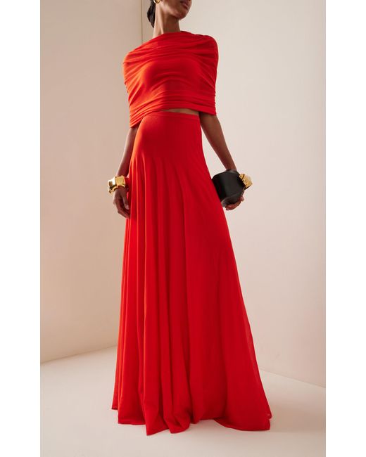 Brandon Maxwell Red The Lyra Ruched Sheer Knit Top