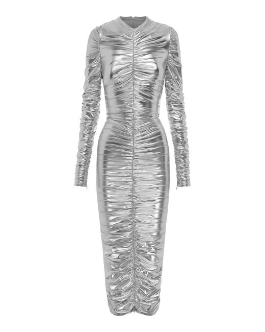 Alex Perry Gray Tatum Ruched Metallic Lycra Midi Dress