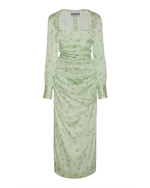 Ganni Floral-print Silk-blend Satin Midi Dress in Green | Lyst