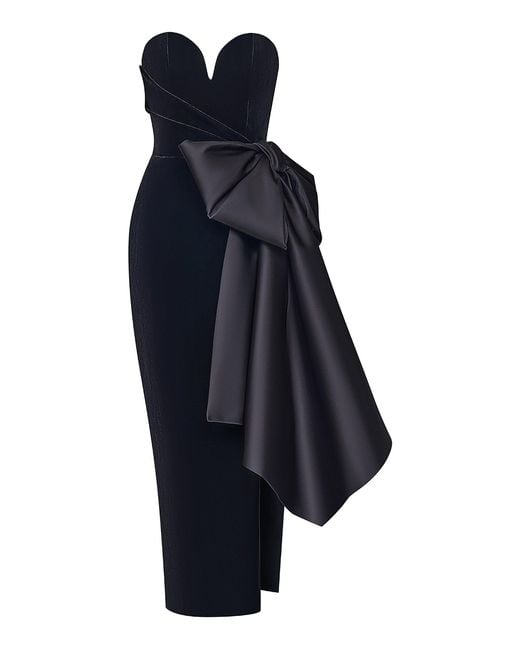 Rasario Blue Bow-detailed Velvet Corset Midi Dress