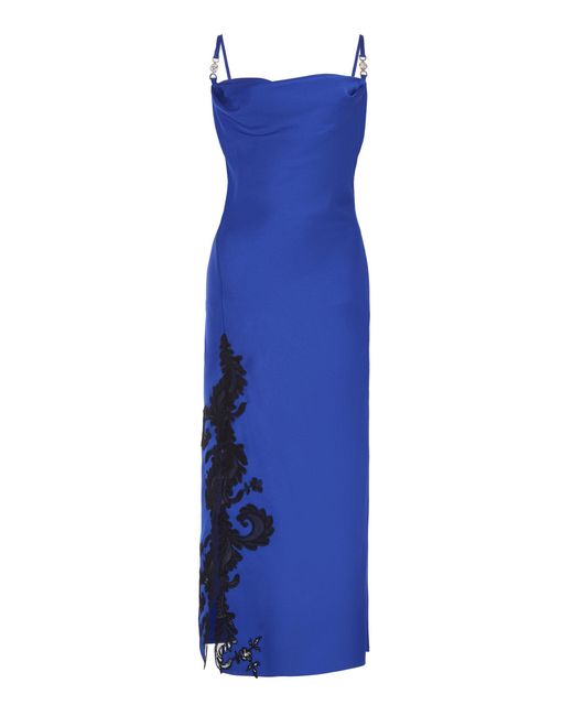 Versace Blue Lace-trimmed Satin Midi Dress