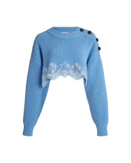 Chloé Blue Lace-Trimmed Wool Cropped Sweater