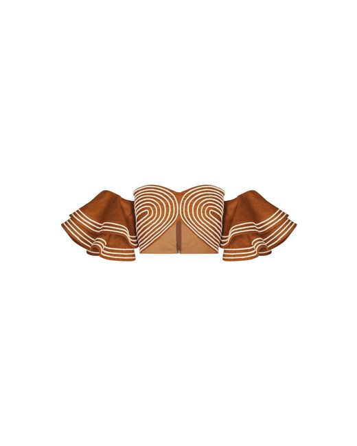 ANDRES OTALORA Brown Asere Embroidered Ruffle-sleeve Linen Crop Top