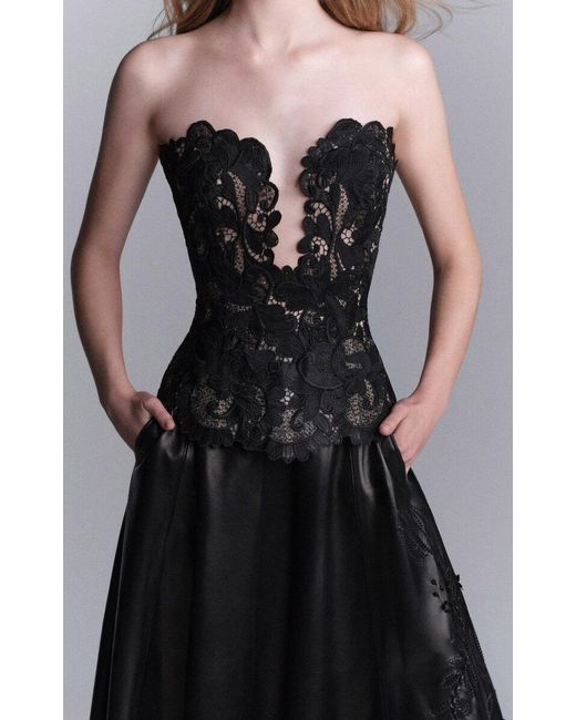 Elie Saab Black Macrame Lace Strapless Top