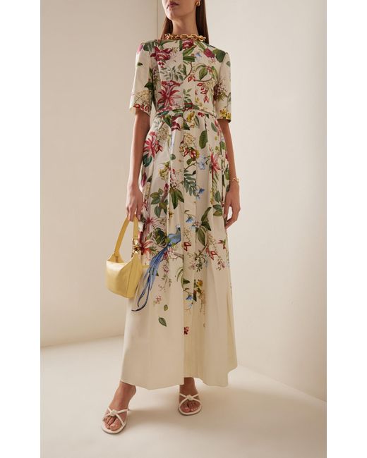 Oscar de la Renta White Exclusive Painted Poppies Cotton Poplin Maxi Dress