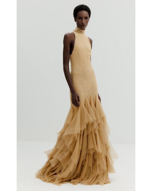 De La Vali Metallic Angelite High-Neck Tulle Maxi Dress