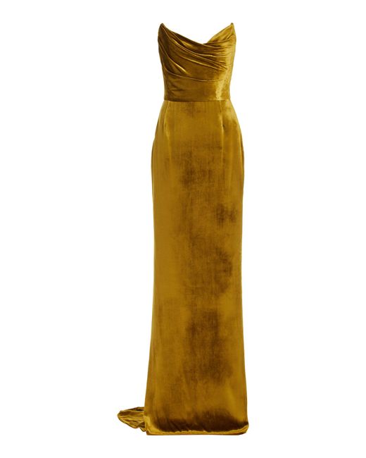 Marchesa Yellow Draped Silk-velvet Gown
