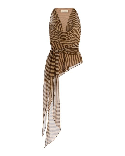 De La Vali Natural Diosa Scarf-Neck Striped Silk-Chiffon Top