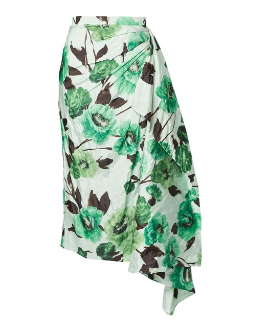 Erdem Green Floral-printed Satin Midi Skirt