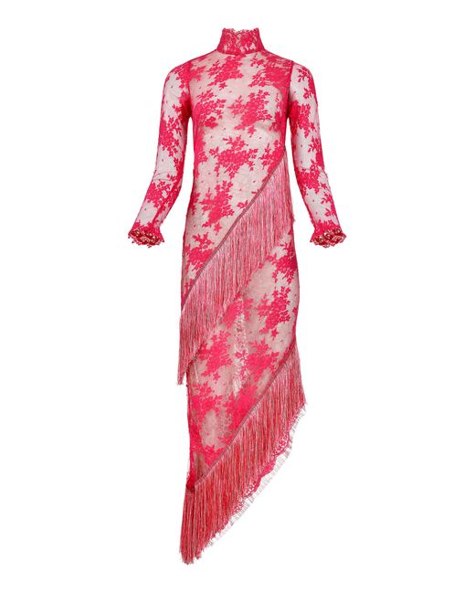 Francesca Miranda Red Bolero Fringed Floral Lace Dress