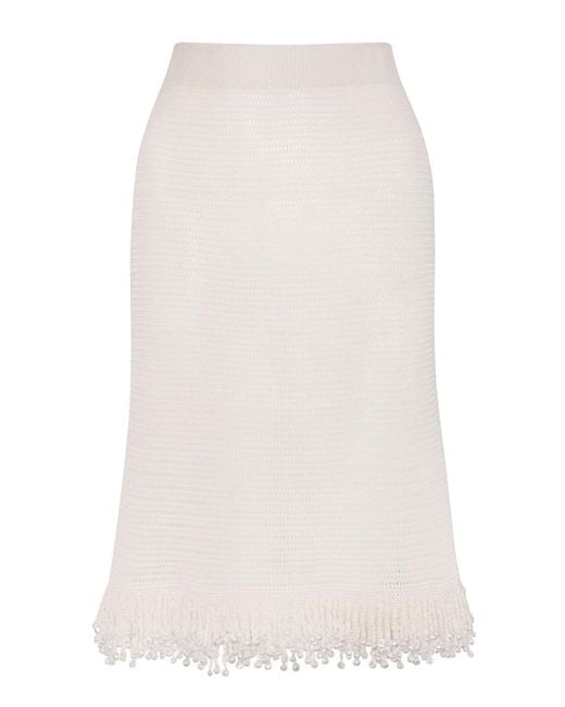 Paris Georgia White Fringed Knit Cotton Midi Skirt