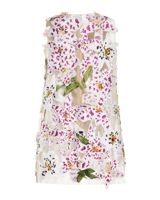 Oscar de la Renta White Sleeveless Threadwork Embroidered Shift Dress