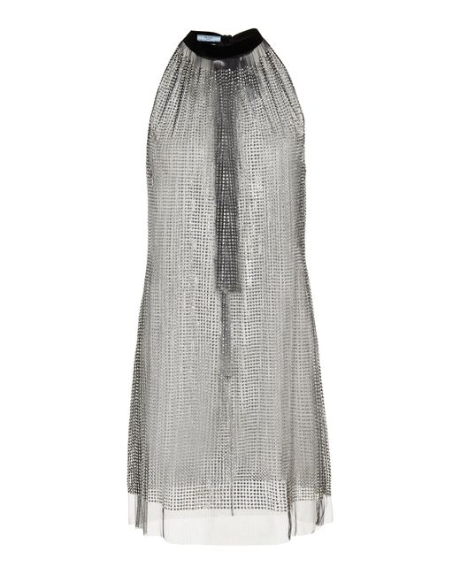 Prada Metallic Crystal-embellished Tulle Tie-neck Mini Dress