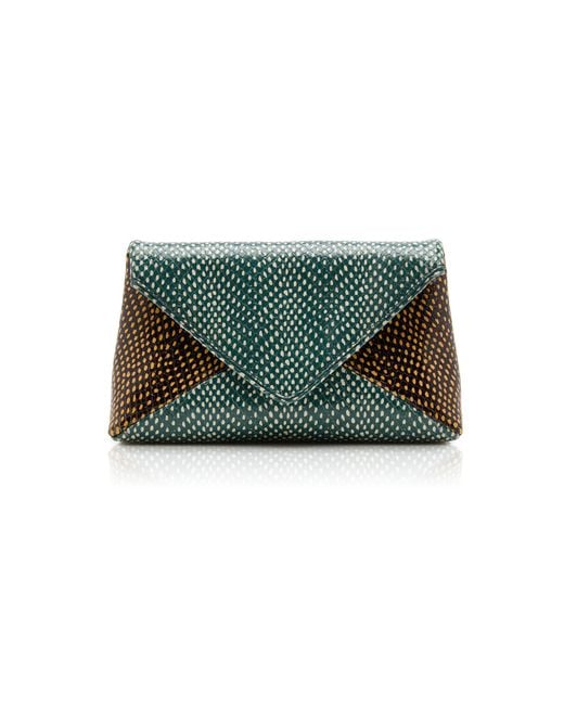 Dries Van Noten Green Printed Leather Envelope Clutch