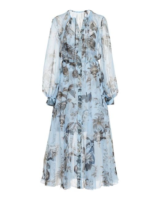Oscar de la Renta Blue Floral & Fauna Silk Chiffon Midi Dress