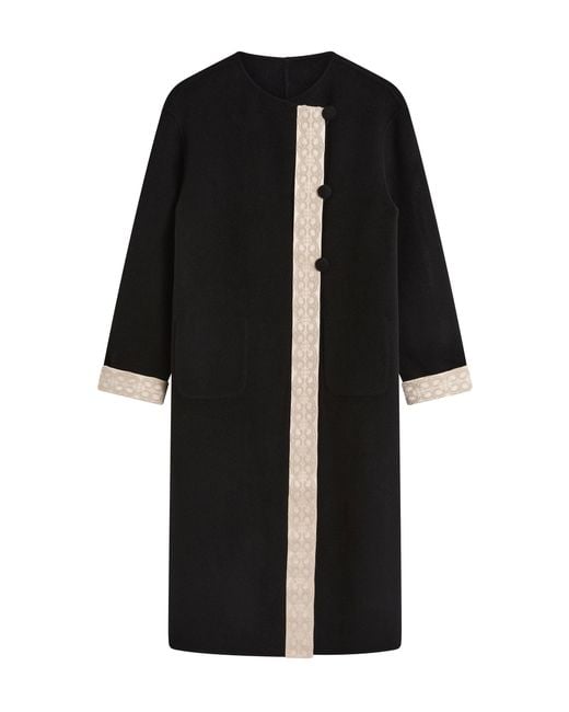 Posse Black Florian Embroidered Trim Wool-Blend Coat