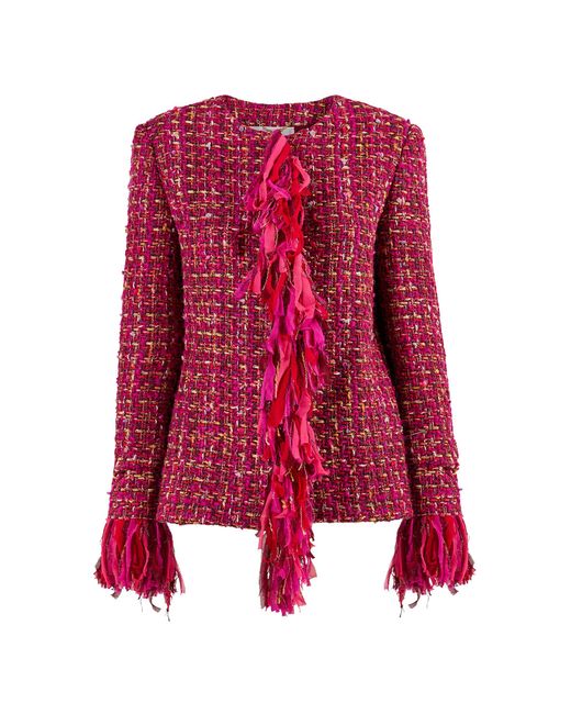 Carolina Herrera Red Fringed Multi Tweed Jacket