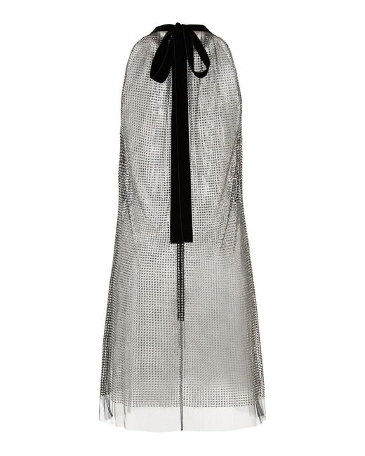 Prada Crystal-embellished Tulle Tie-neck Mini Dress in Metallic