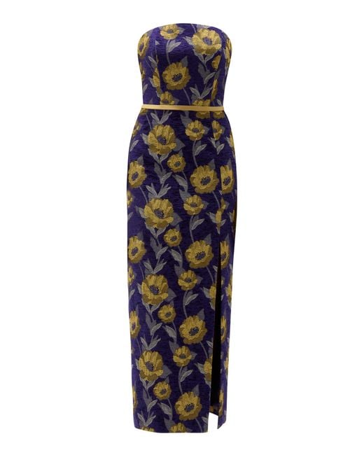 Amsale Blue Floral Brocade Strapless Dress