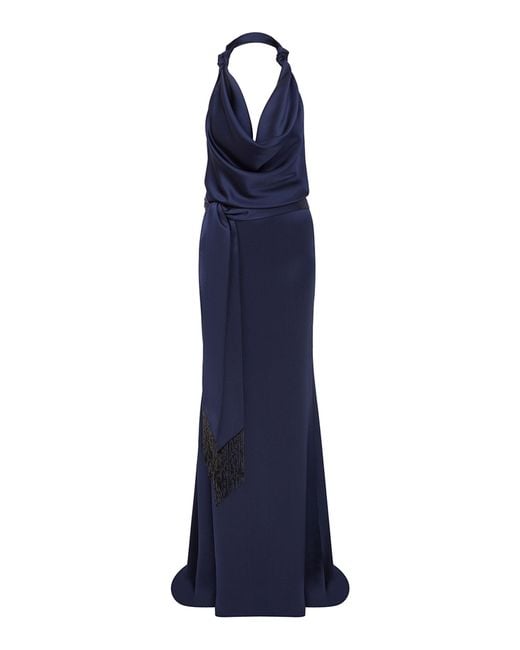ILA THE BRAND Blue Ria Knotted Satin Halter Gown