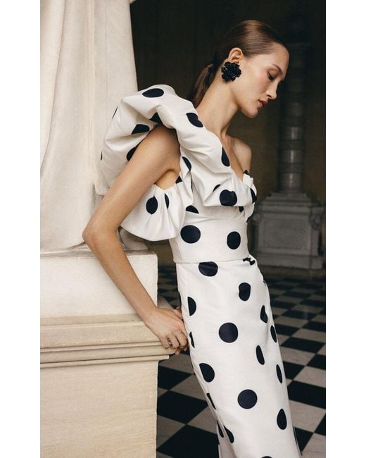 Monique Lhuillier White One-shoulder Polka-dot Faille Midi Dress