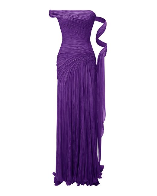 Marmar Halim Purple Pleated One-Shoulder Chiffon Maxi Dress