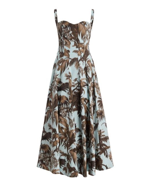 Oscar de la Renta White Palm-Printed Stretch Cotton-Poplin Midi Dress
