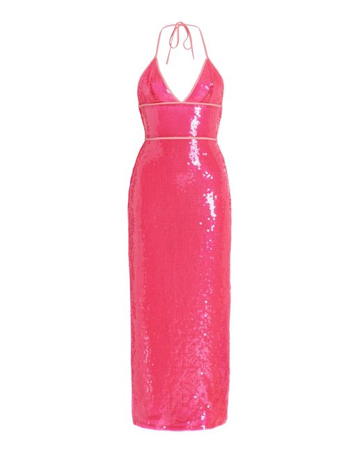David Koma Pink Sequined Midi Halter Dress