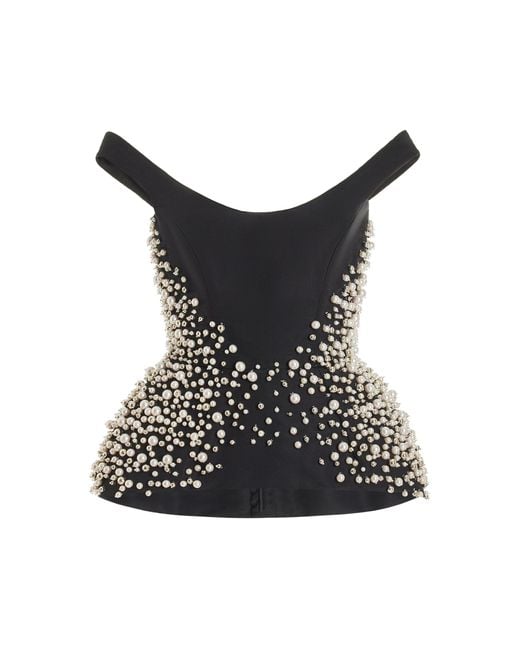 Monique Lhuillier Black Pearl-embellished Silk Peplum Top