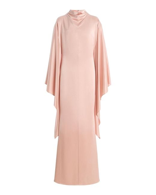 De La Vali Pink Exclusive Dedalo Satin Cape-Sleeve Maxi Dress