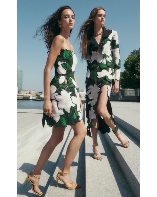Oscar de la Renta Green Hand-painted Gardenia-faille Mini Dress