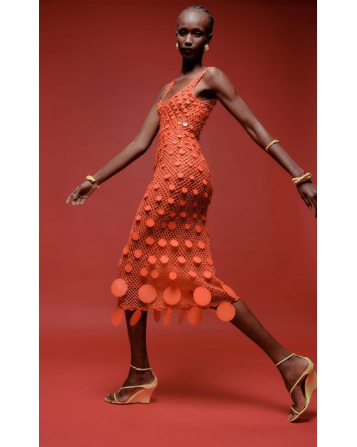 Oscar de la Renta Red Exclusive Paillette-sequined Crocheted Cotton Midi Dress