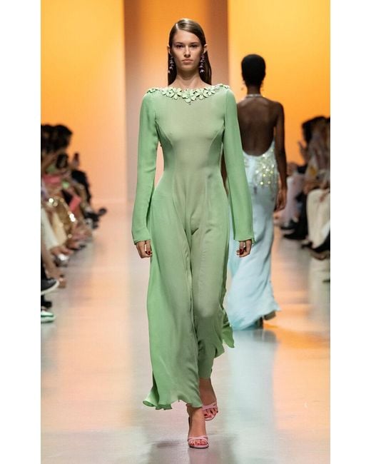Georges Hobeika Green Floral-Appliquãd Georgette Maxi Dress