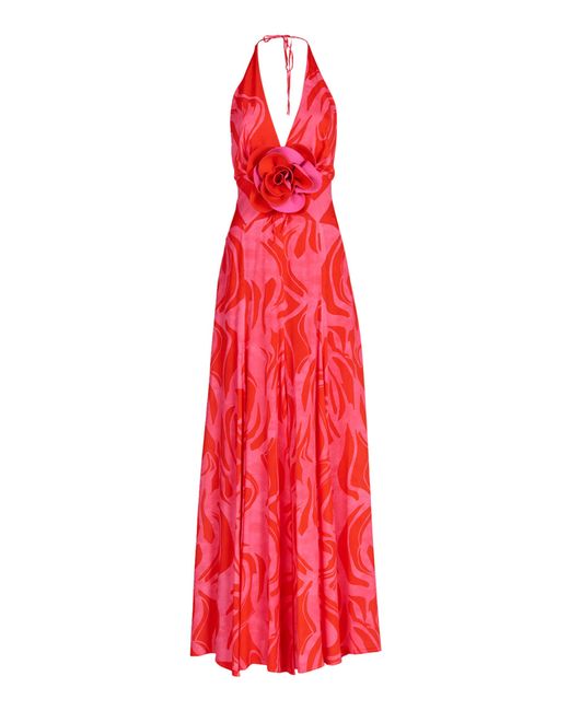 Silvia Tcherassi Red Tawny Floral-appliqué Halter Maxi Dress