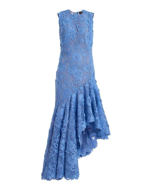 Oscar de la Renta Blue Porcelain Flowers Asymmetric Guipure Midi Dress