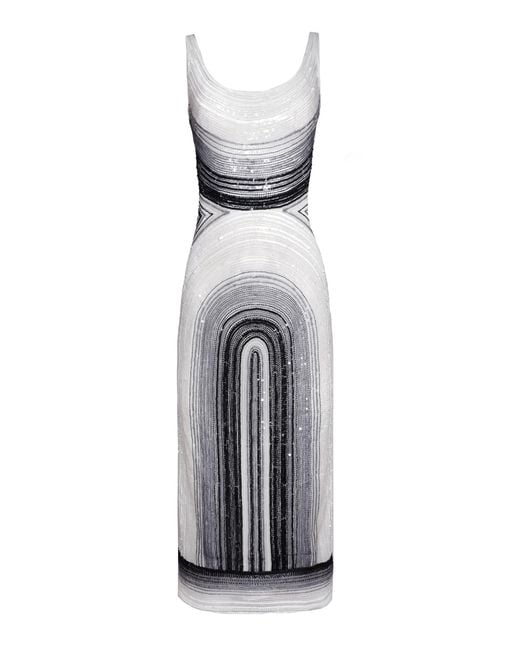 Naeem Khan Gray Abstract Print Beaded Midi Dress