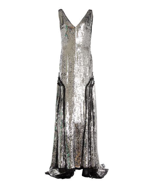 Lanvin White Embroidered Sequin Silk-Blend Gown